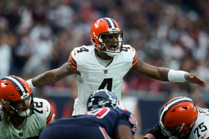Cleveland Browns quarterback Deshaun Watson (4) calls a play at the line during the first half of an NFL football game between the Cleveland Browns and Houston Texans in Houston, Sunday, Dec. 4, 2022.